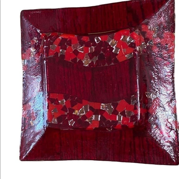 Vintage Fused  Red Glass Dish Wall Art Minimalist Mosaic Detail Signed Arcotex - Picture 4 of 12